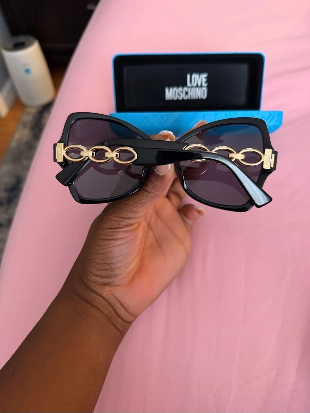 Moschino Black Oversized Butterfly Sunglasses with Blue Case
